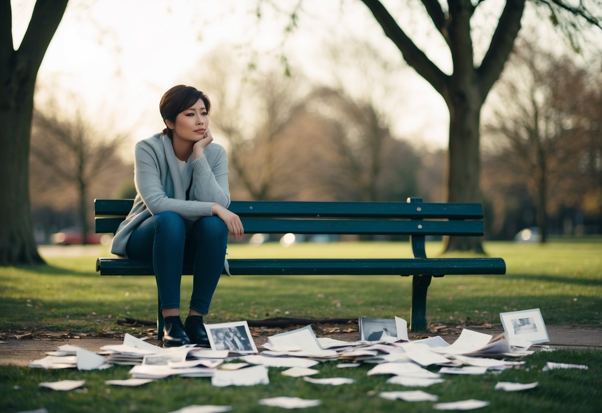 A person sitting alone on a park bench, surrounded by scattered love letters and torn photographs, with a thoughtful expression on their face