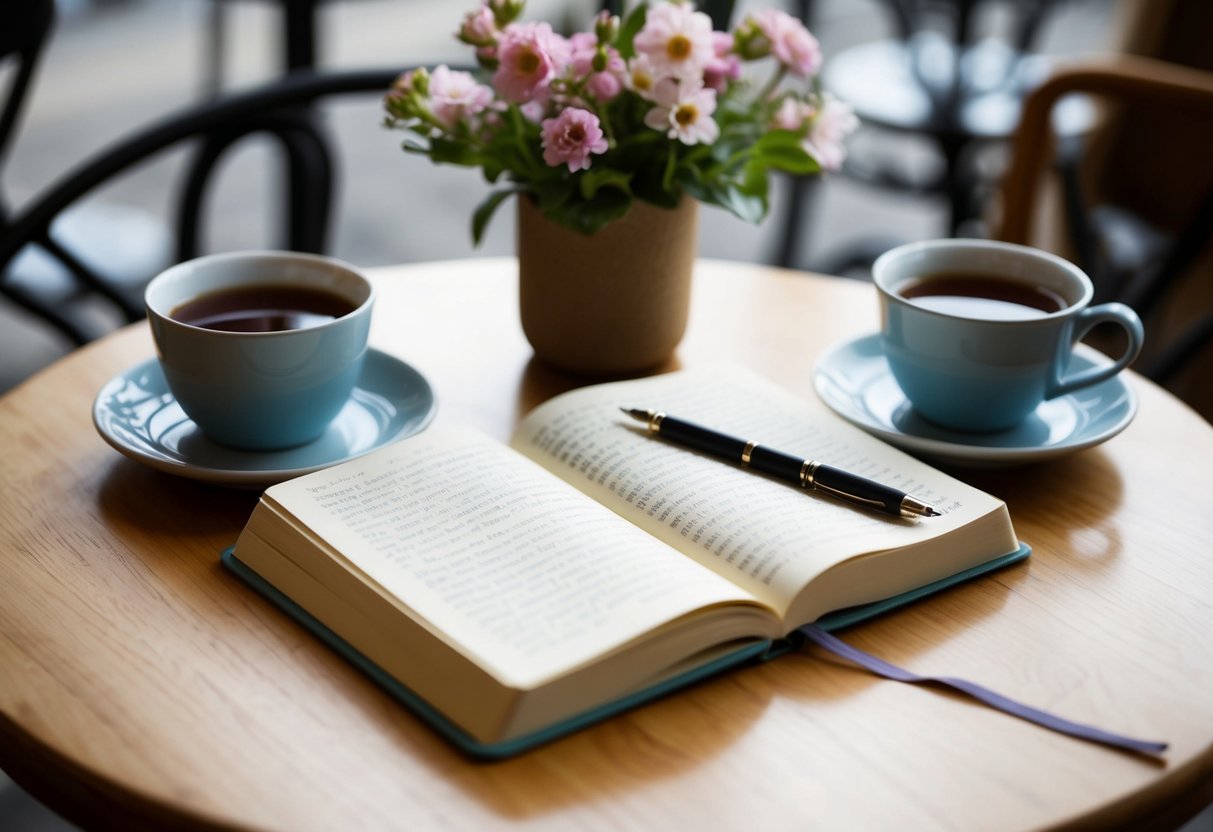 A cozy cafe table set for one, with a journal, pen, and a cup of tea. A book on self-discovery sits open, surrounded by blooming flowers