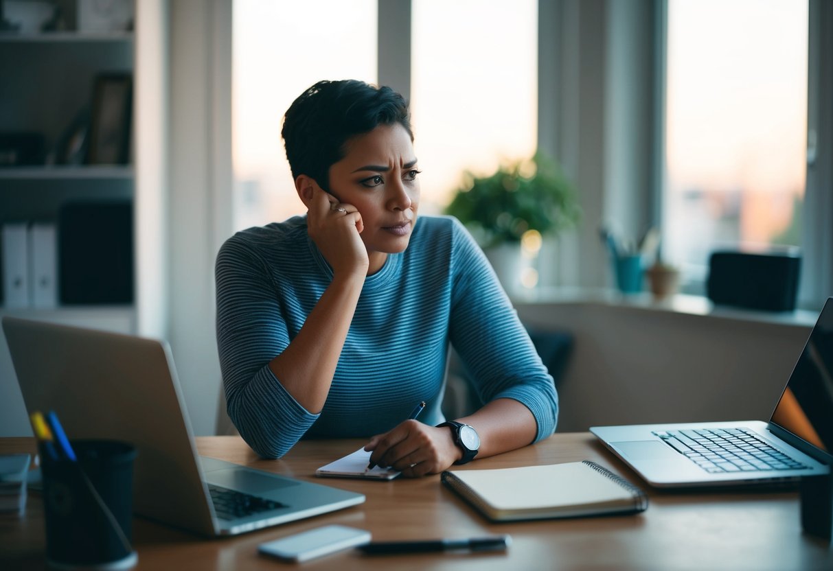 A person sitting at a desk, surrounded by various items like a laptop, notebook, and pen. They are deep in thought, with a determined expression on their face