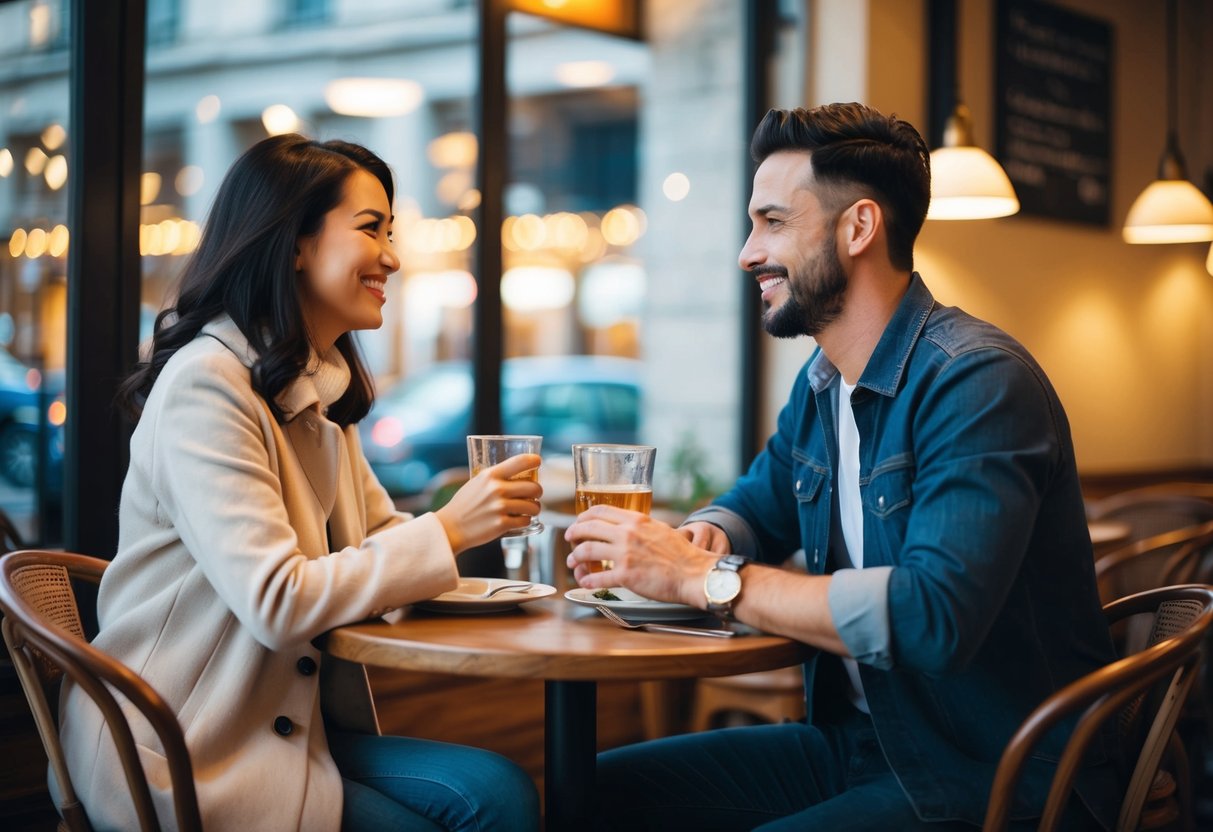 A couple sitting across from each other at a cozy cafe, engaged in deep conversation, with genuine smiles and a warm atmosphere