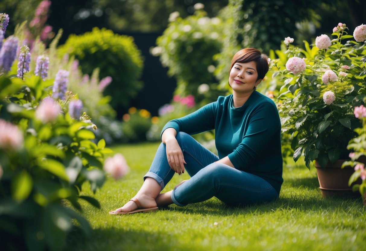 A person sitting in a peaceful garden, surrounded by blooming flowers and lush greenery, with a relaxed and content expression on their face