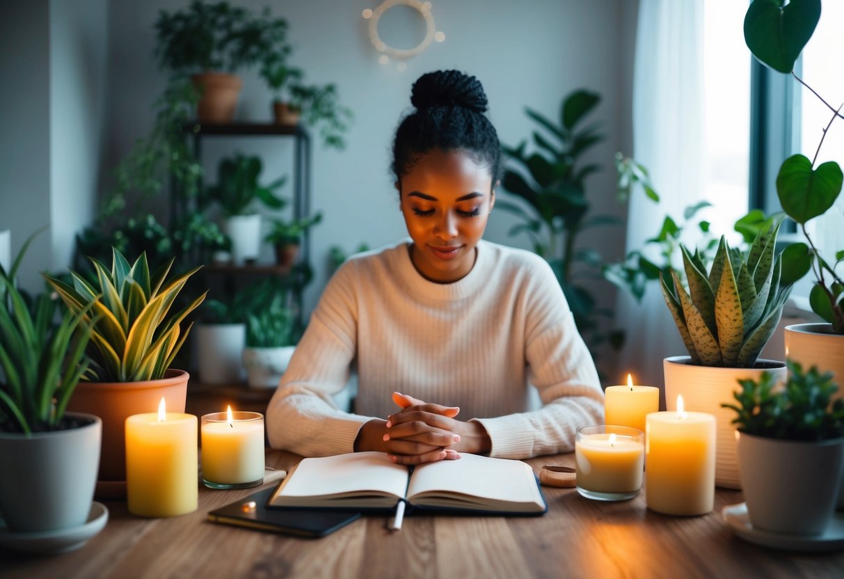 A person sitting in a cozy room surrounded by plants, candles, and a journal, practicing self-care and reflecting on their values in modern dating