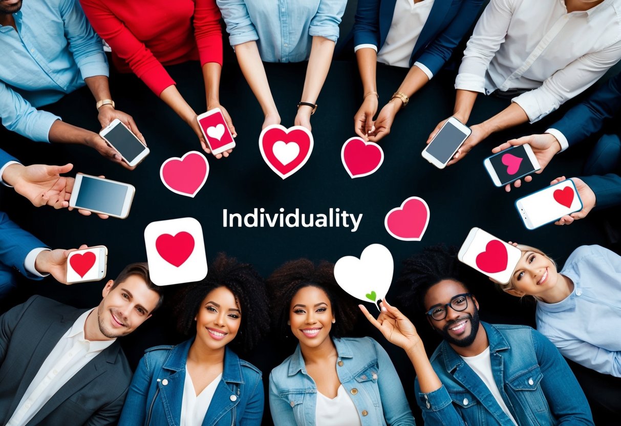 A diverse group of people holding various symbols of individuality, surrounded by modern dating elements like smartphones and dating apps