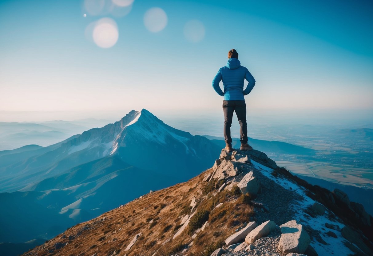 A person standing confidently on a mountain peak, surrounded by a vast and open landscape, symbolizing independence and authenticity in modern dating