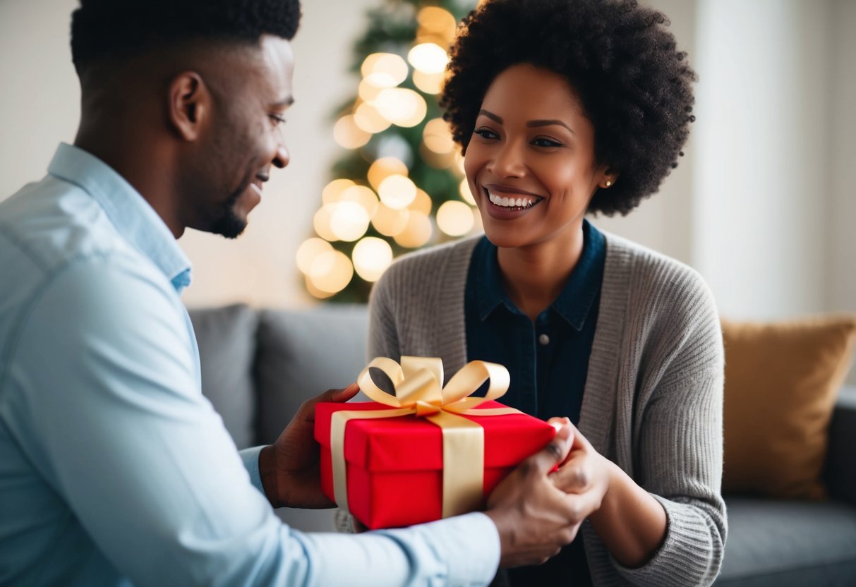 A person receiving a heartfelt gift from their partner, with a genuine smile and a warm embrace