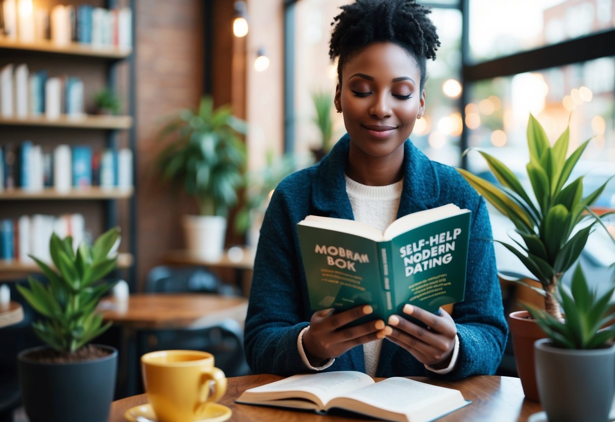 A person sitting in a cozy coffee shop, surrounded by books and plants, with a peaceful expression on their face as they read a self-help book about modern dating