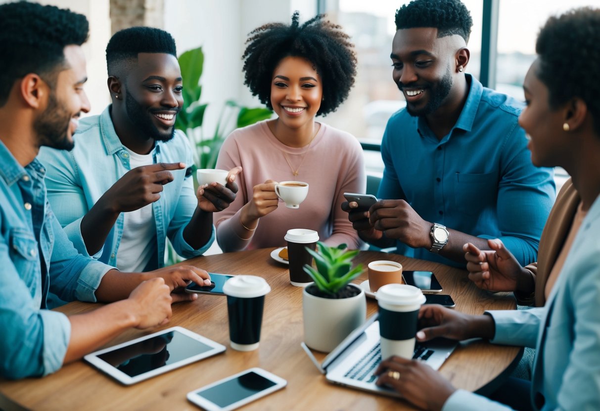 A diverse group of individuals engaging in various modern dating activities, such as online messaging, meeting for coffee, and sharing personal stories