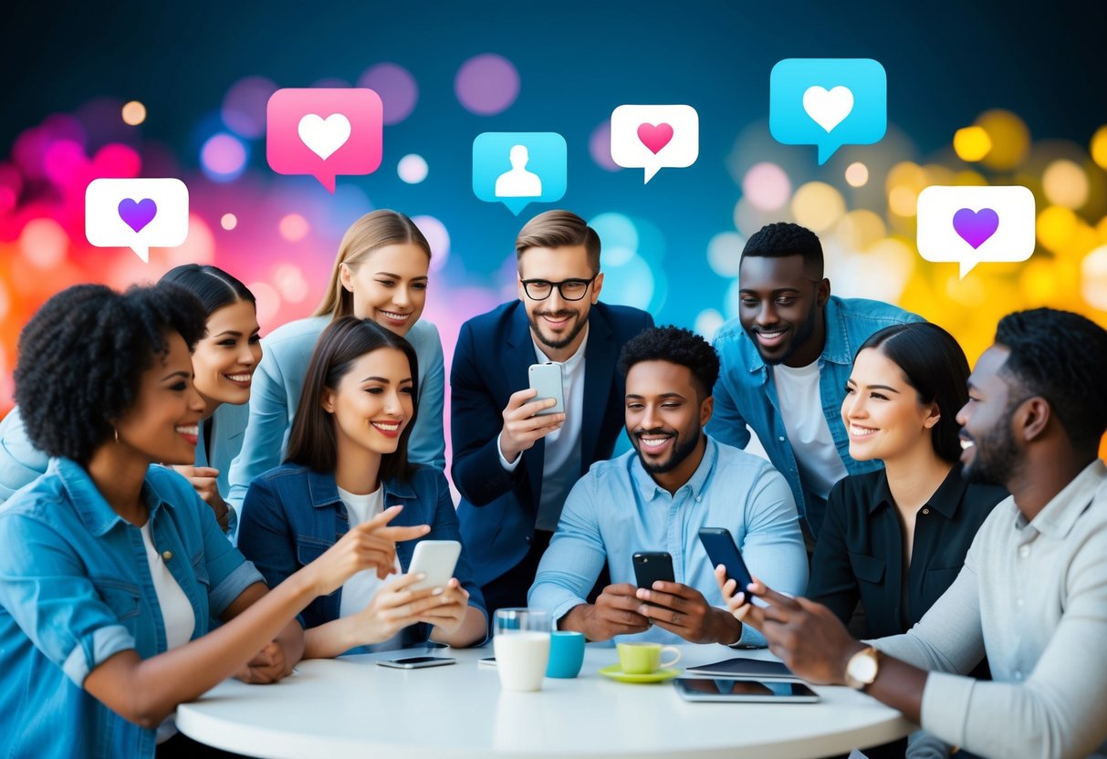 A diverse group of people engaging in virtual conversations through various dating apps, with colorful and dynamic backgrounds reflecting modern technology