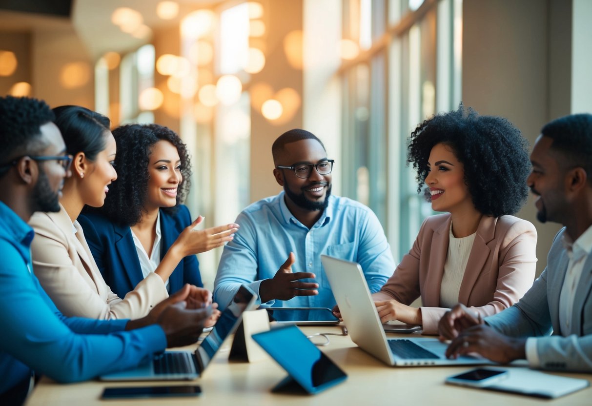 A diverse group of people engaging in conversation with various forms of communication technology present