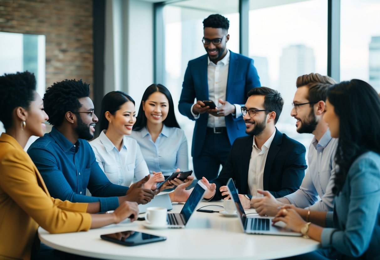 A diverse group of people engage in conversation using various forms of communication, including technology and face-to-face interaction