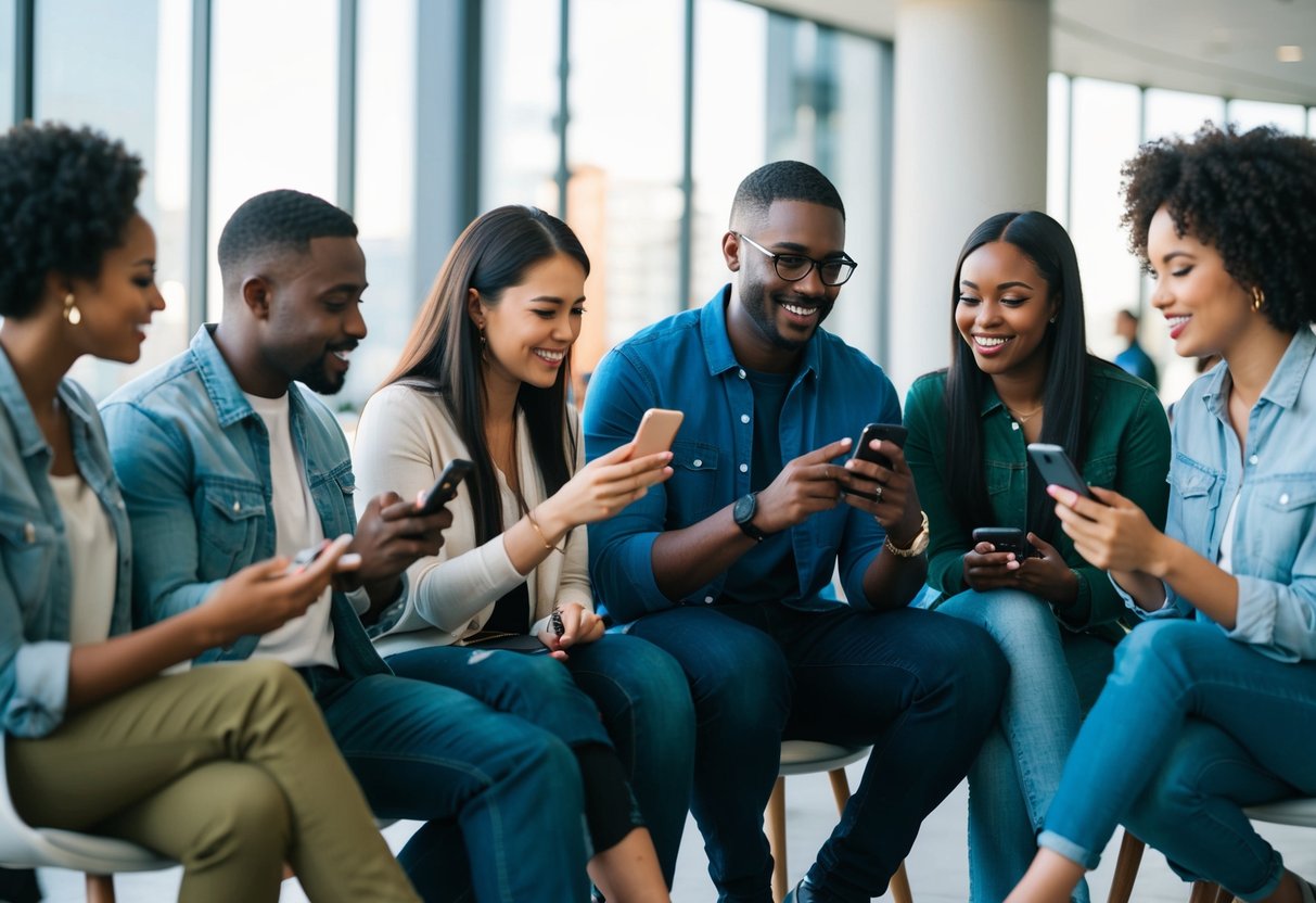 A diverse group of people engaging in various activities, such as texting, talking, and socializing, in a modern urban setting