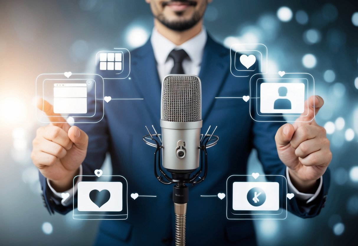 A person standing in front of a microphone, surrounded by modern technology and dating symbols