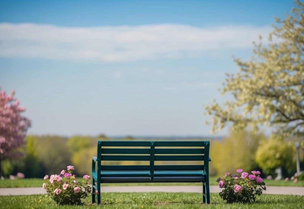 A serene park bench surrounded by blooming flowers and a clear blue sky, representing a peaceful and hopeful atmosphere for healthy dating expectations