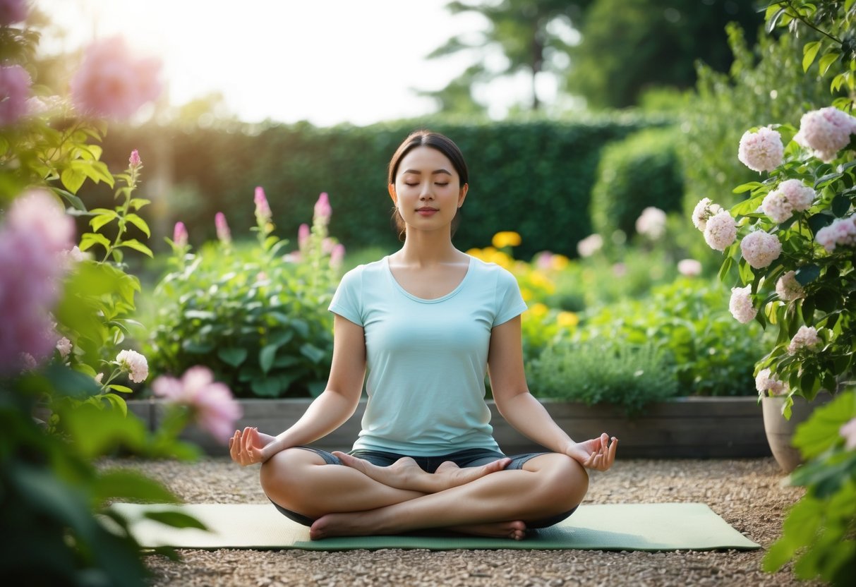 A person sitting in a peaceful garden, surrounded by blooming flowers and greenery, with a calm expression on their face as they engage in mindful meditation