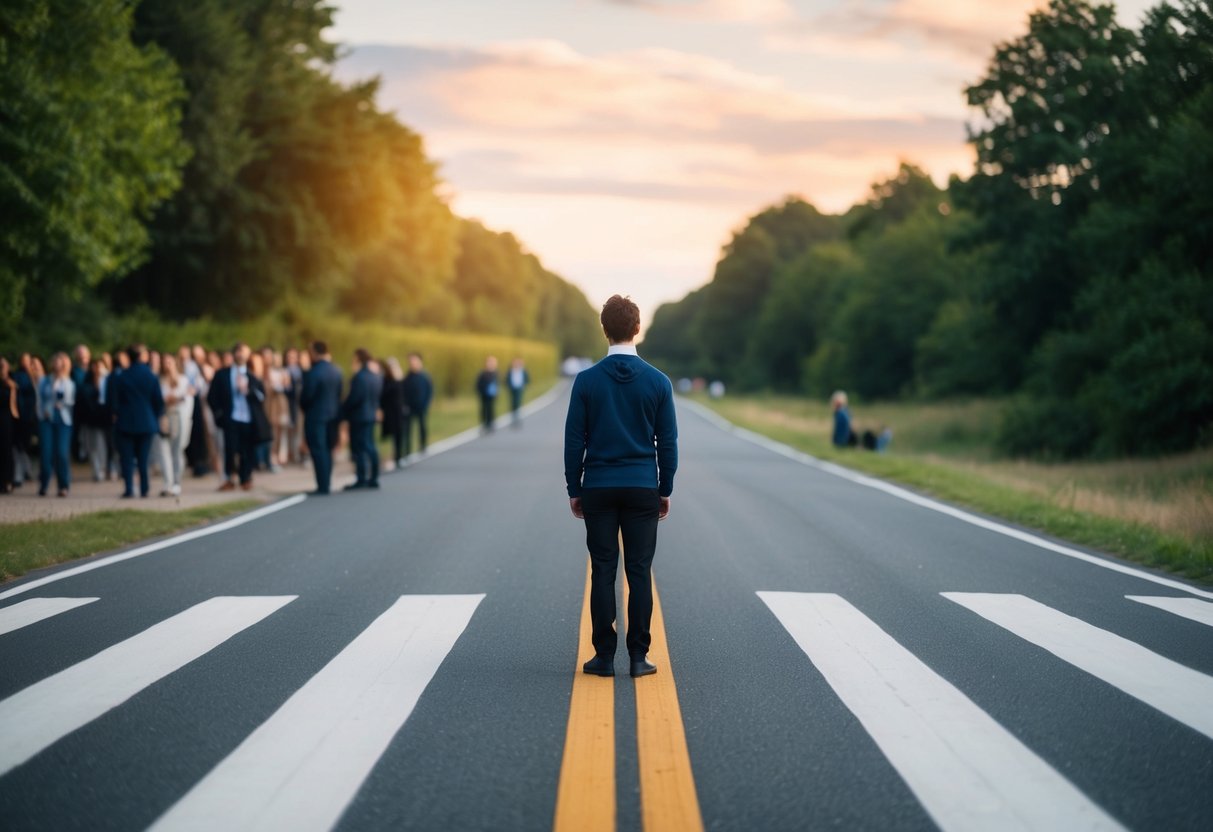 A person standing at a crossroads, with one path leading to a crowd of people and the other leading to a solitary, peaceful setting