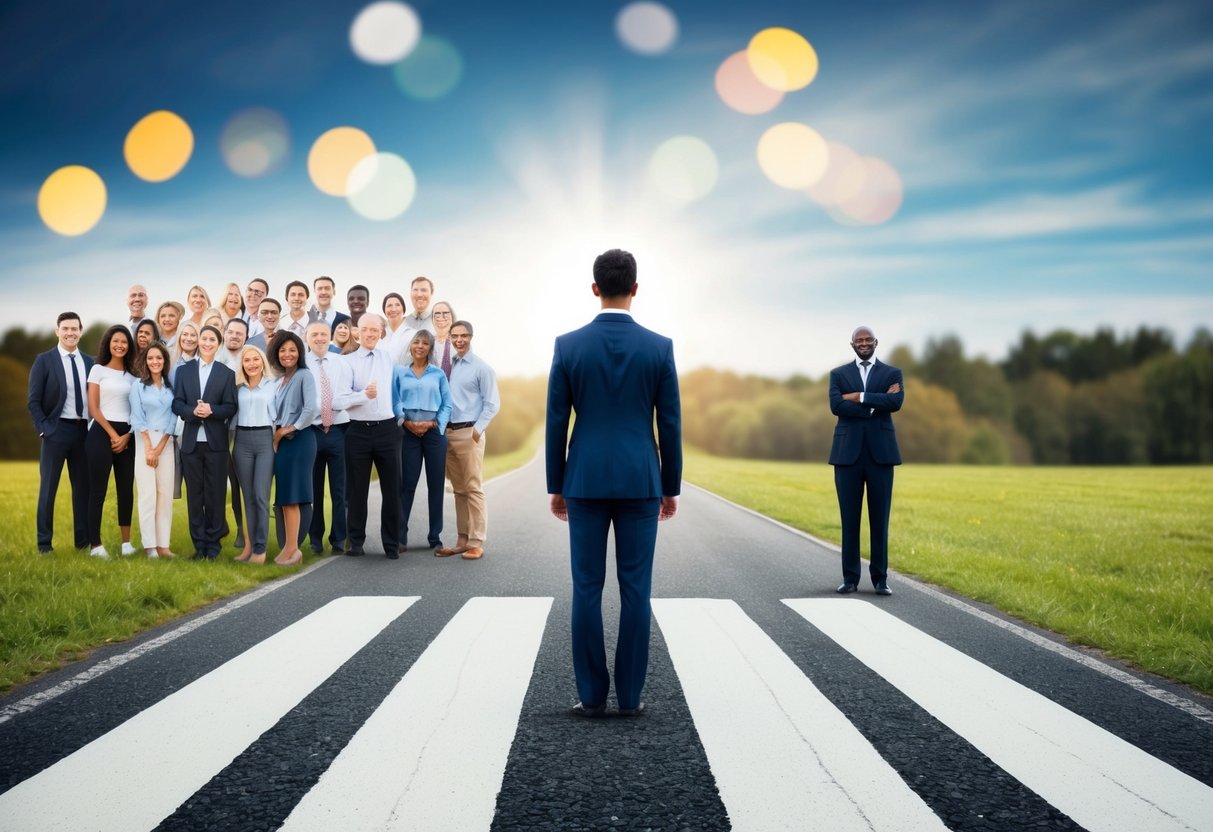 A person standing at a crossroads, one path leading to a crowd of smiling faces, the other to a solitary figure standing confidently