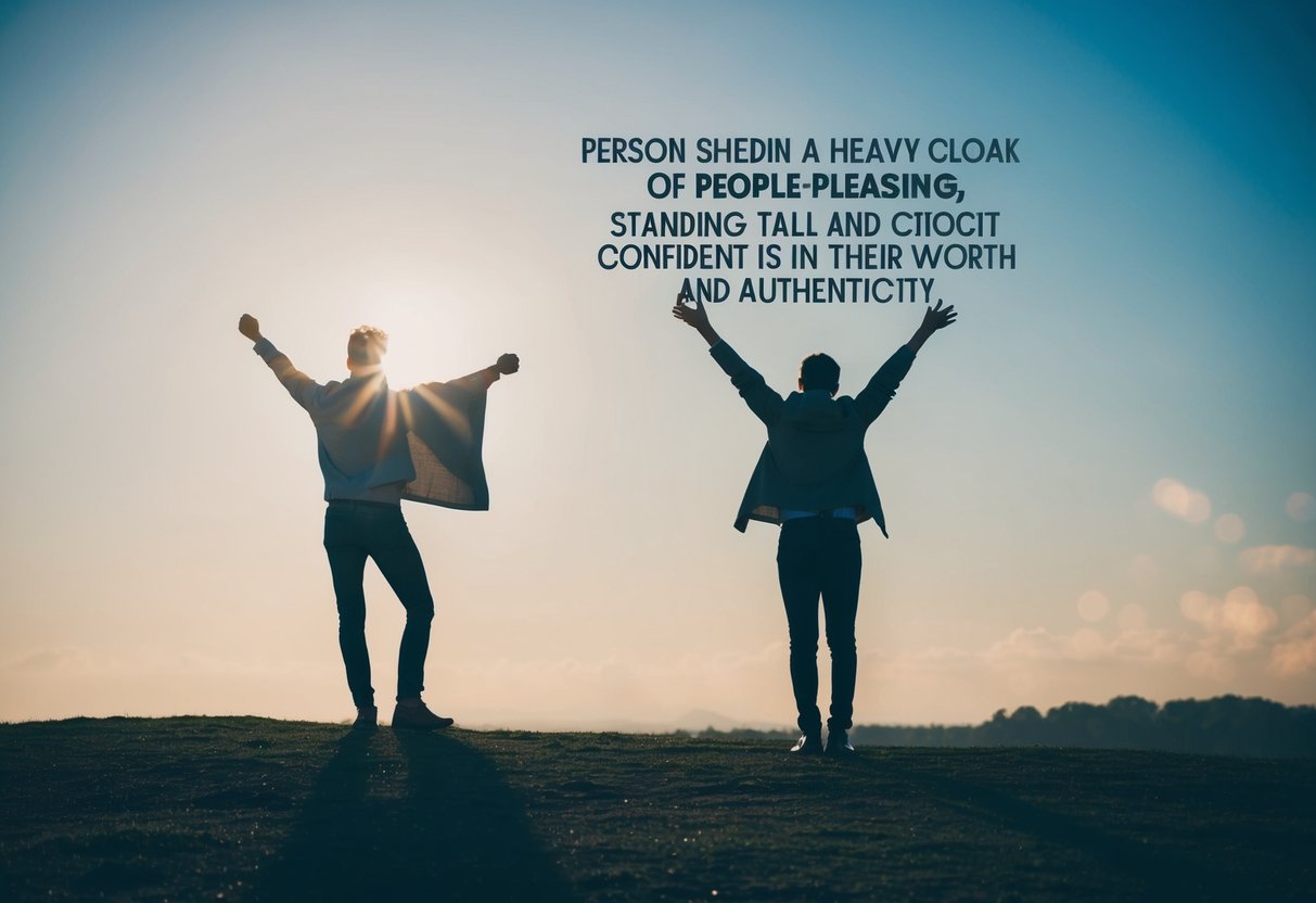 A person shedding a heavy cloak of people-pleasing, standing tall and confident in their own worth and authenticity