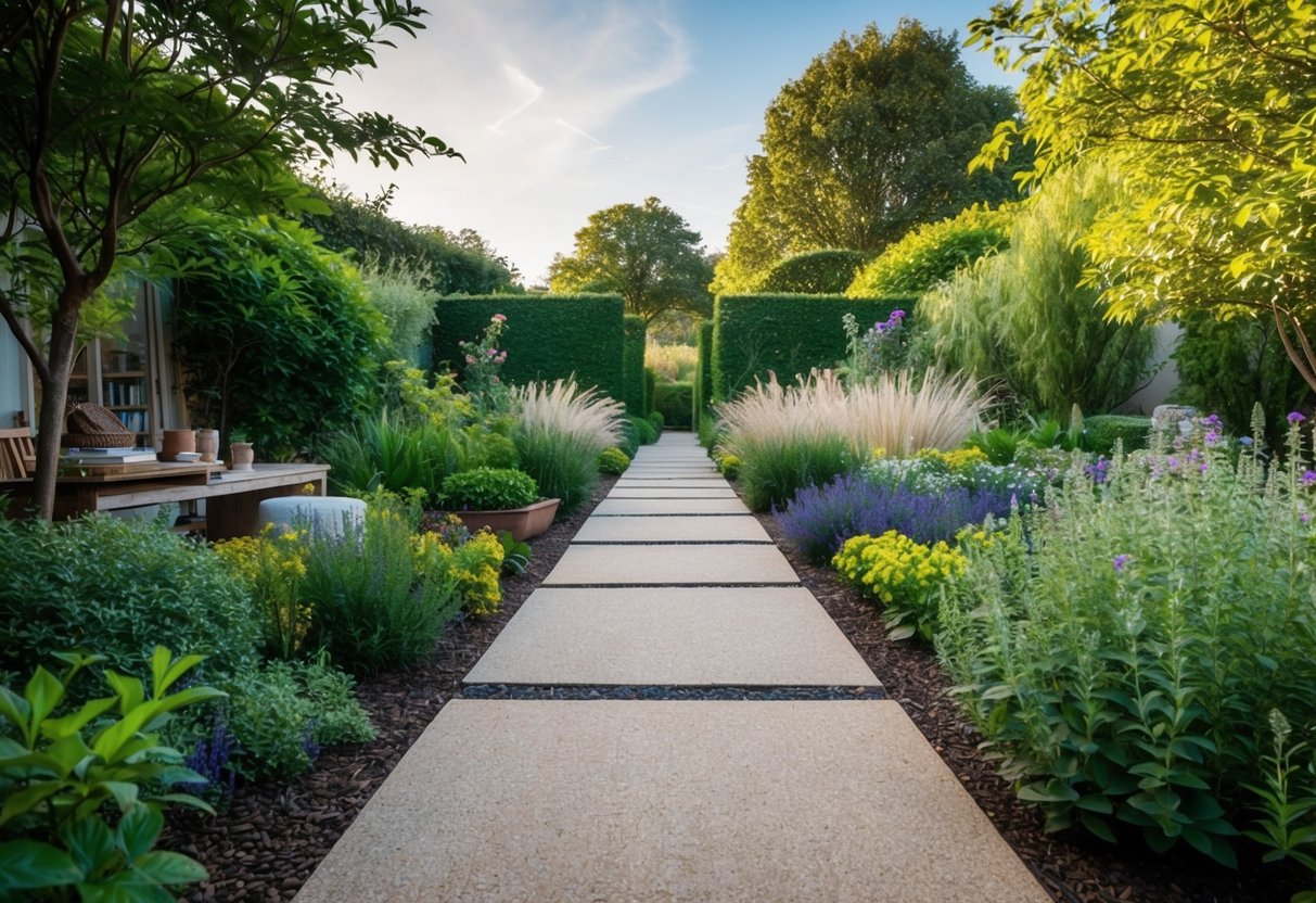 A serene garden with a path leading from a cluttered, people-pleasing environment to a balanced, authentic space. Peaceful nature surrounds a clear, inviting destination