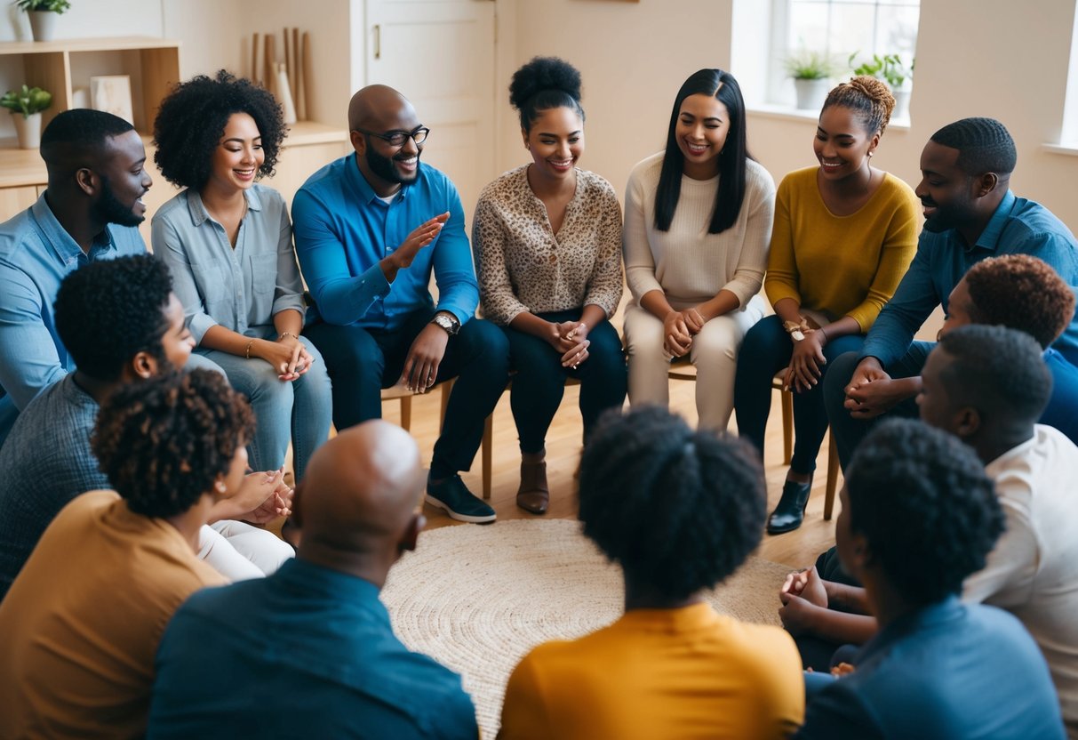 A group of diverse individuals gather in a circle, sharing stories and offering support to one another. The atmosphere is warm and welcoming, with open and honest communication flowing freely