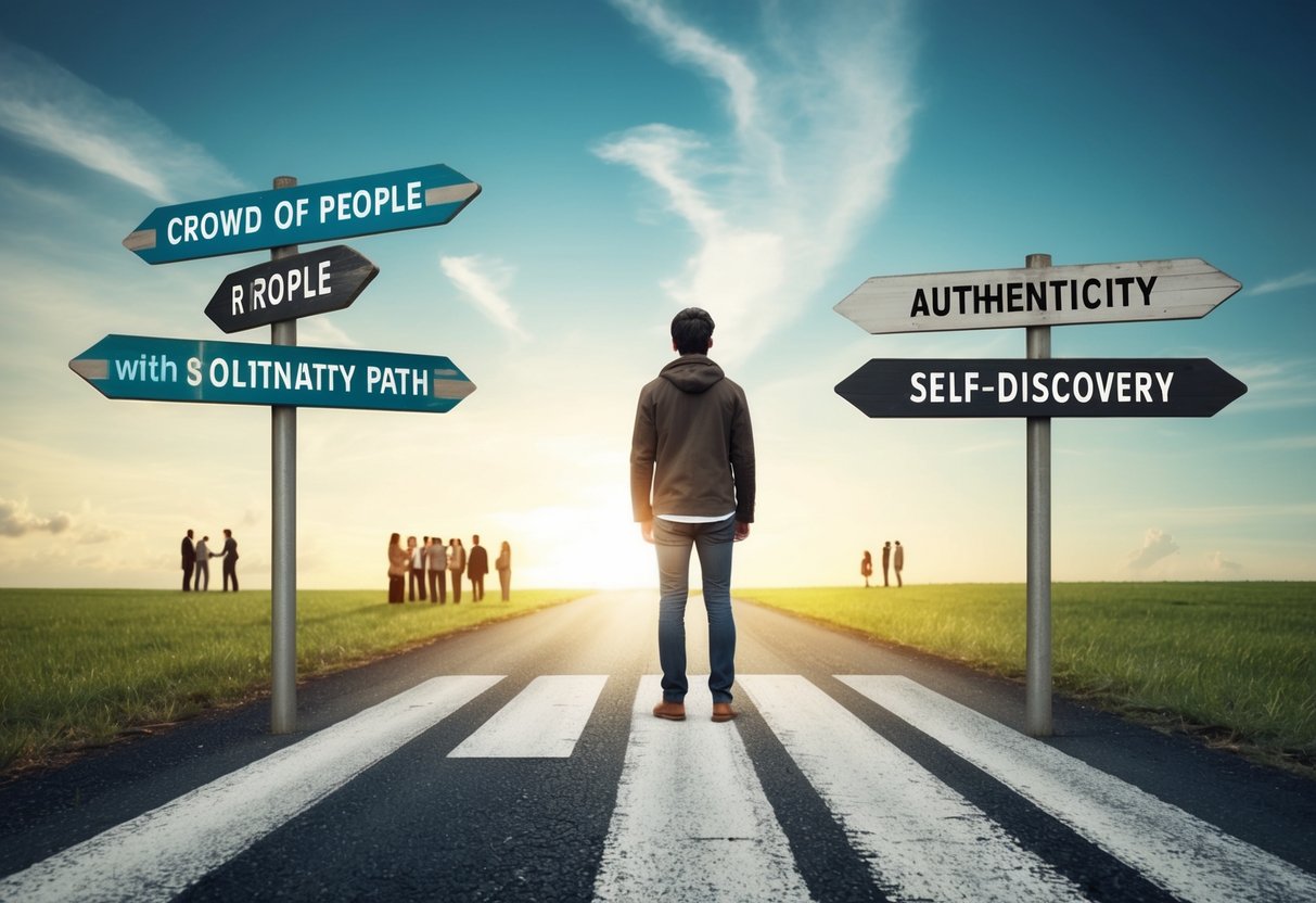 A person standing at a crossroads, one path leading to a crowd of people, the other to a solitary path lined with authenticity and self-discovery