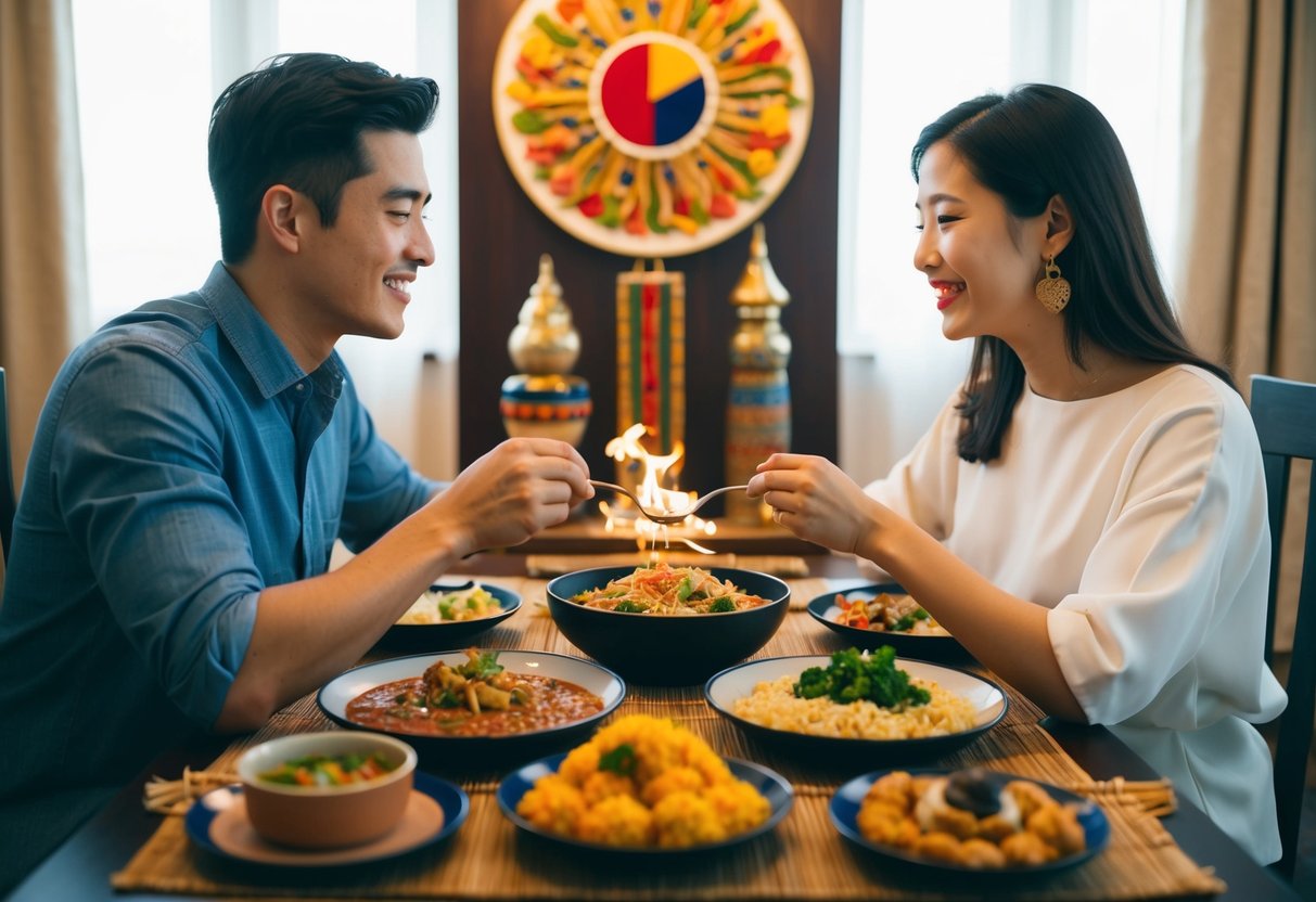 A couple sharing a meal of traditional dishes from their respective cultures, surrounded by cultural artifacts and symbols