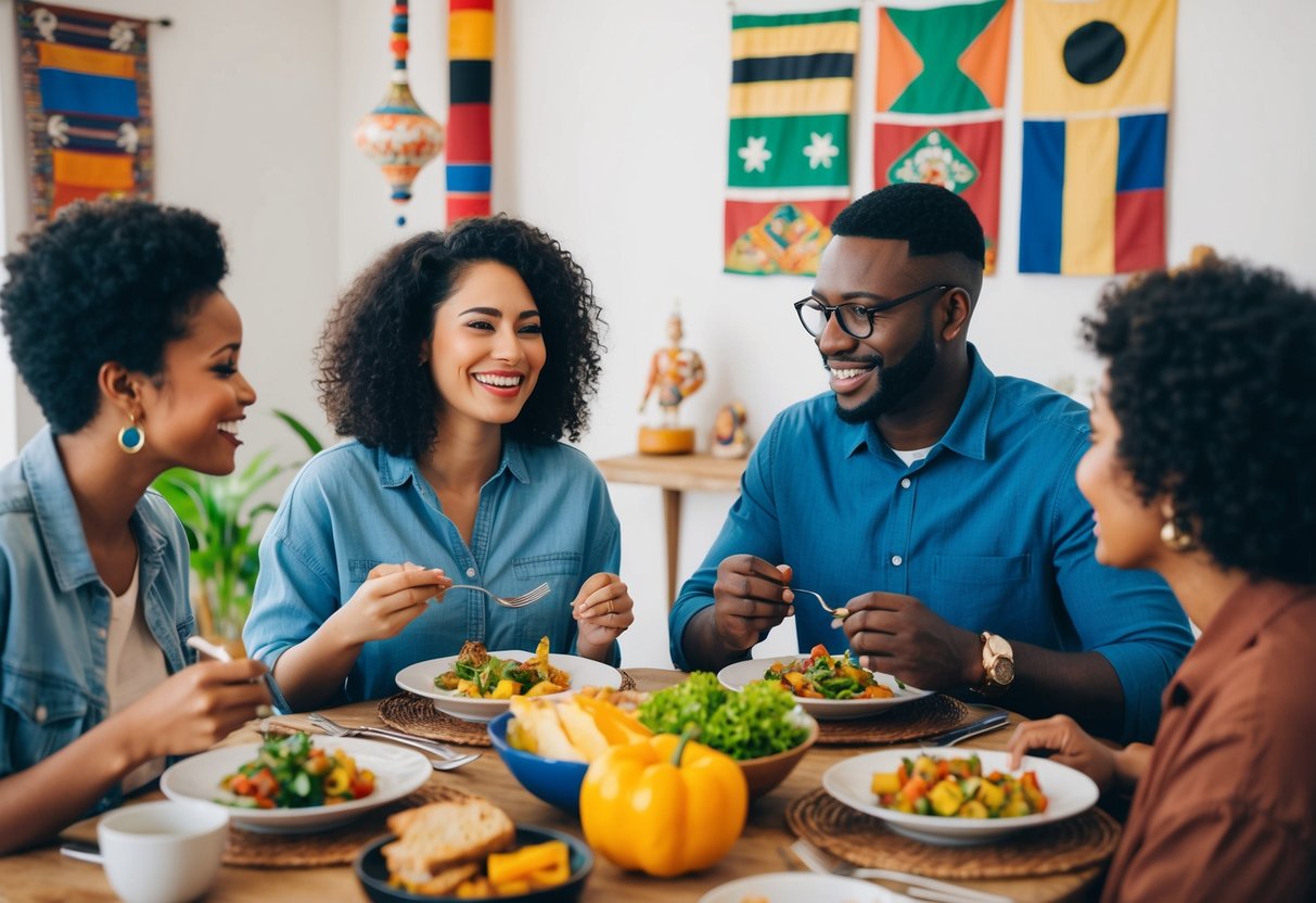 A diverse couple enjoying a meal together, surrounded by cultural symbols and artifacts from their respective backgrounds