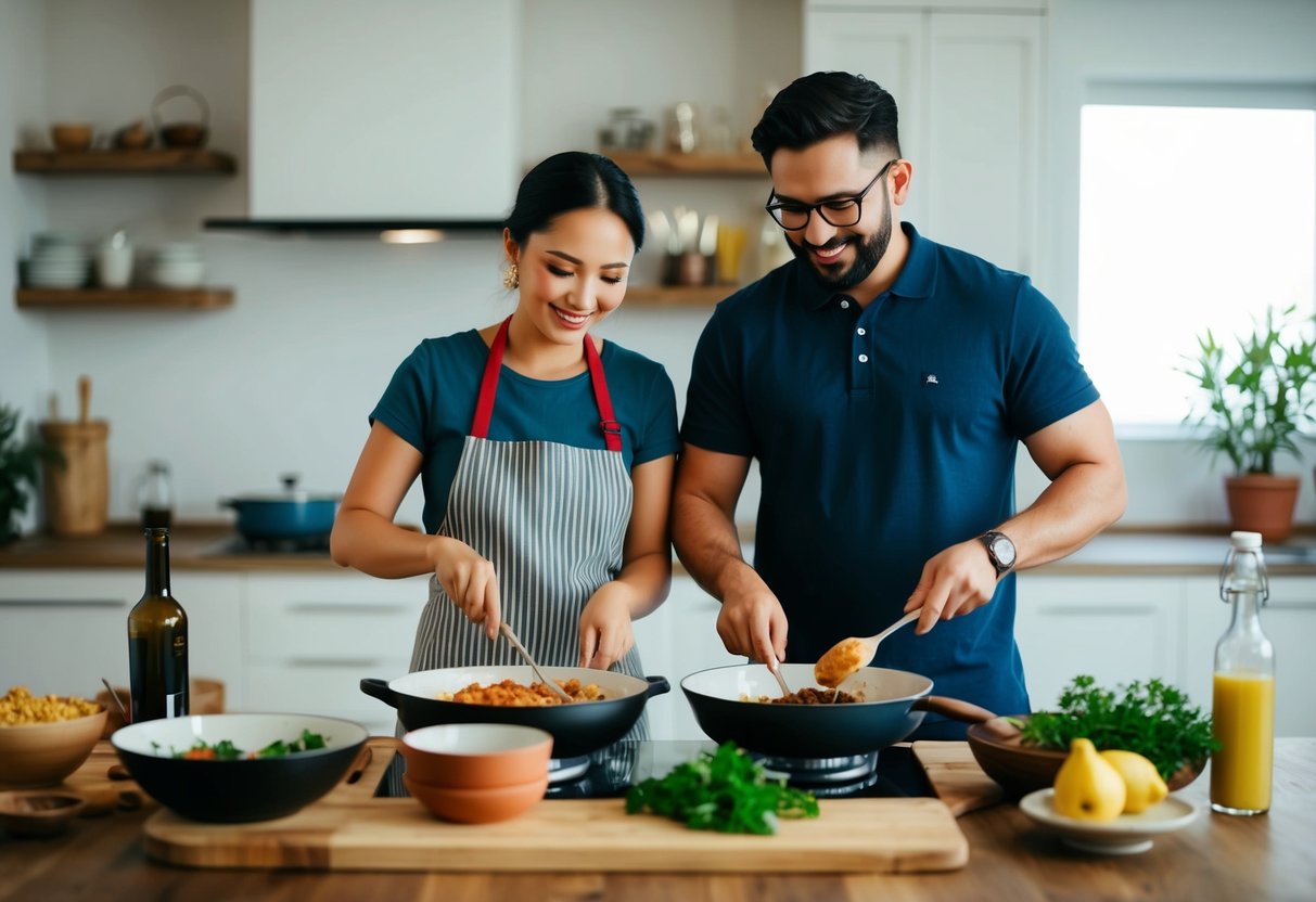 A couple from different cultures cooking together, blending traditional ingredients and cooking methods