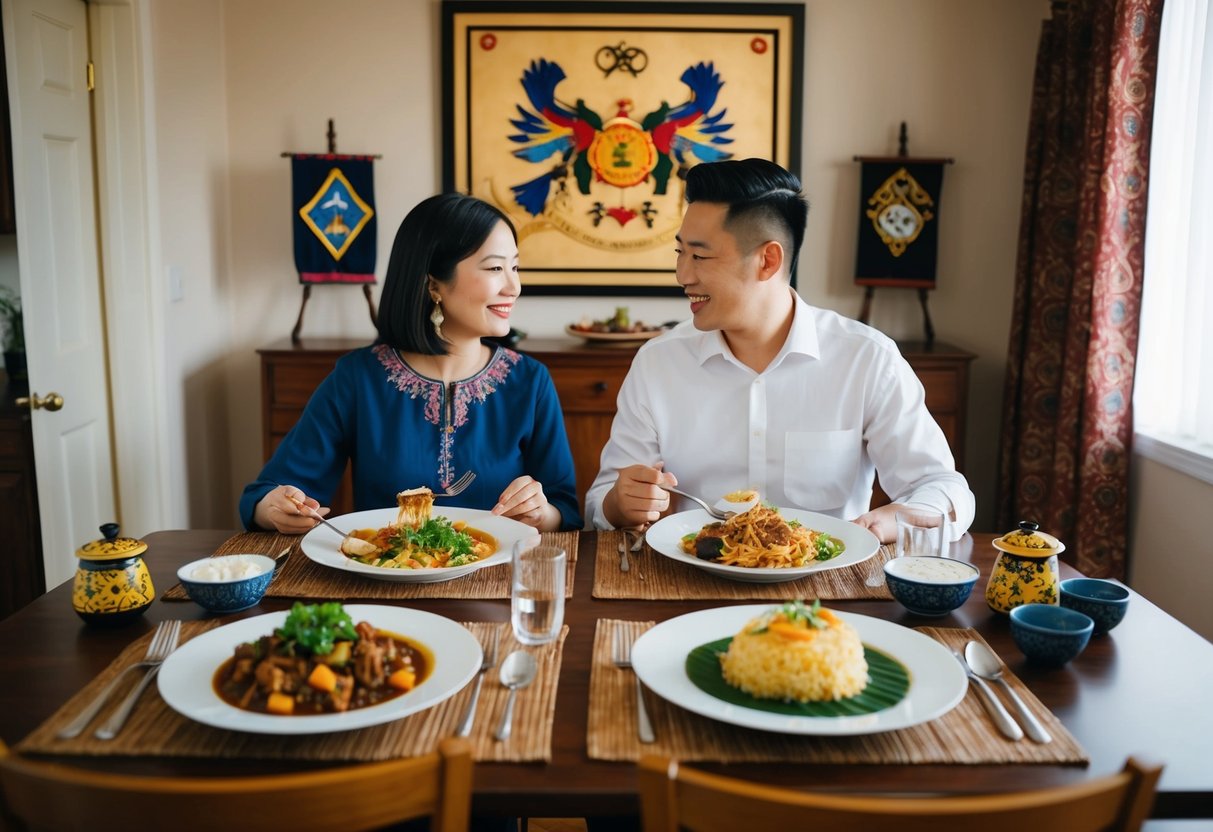 A couple sits at a table, sharing a meal of traditional dishes from their respective cultures. The room is decorated with symbols and artwork representing their heritage