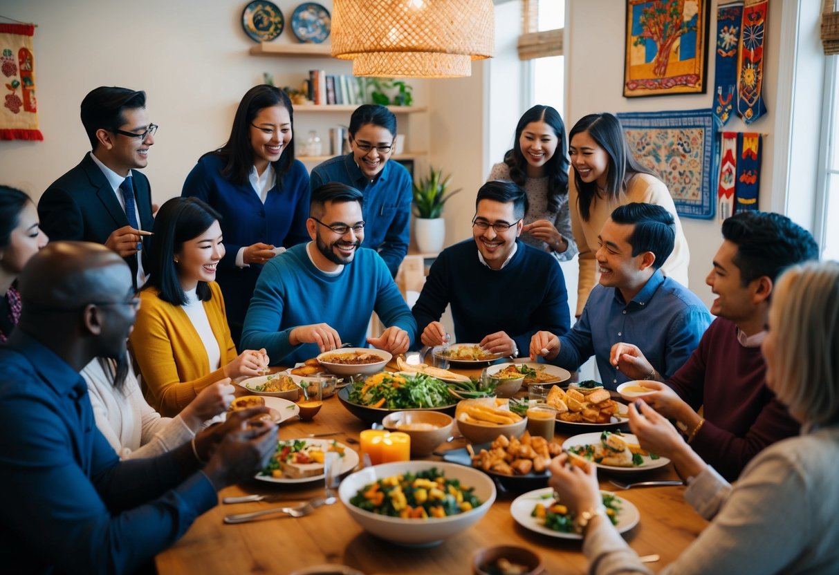 A diverse group of people gather around a table, sharing food and stories from their various cultural backgrounds. The atmosphere is warm and inviting, with symbols of different traditions displayed around the room