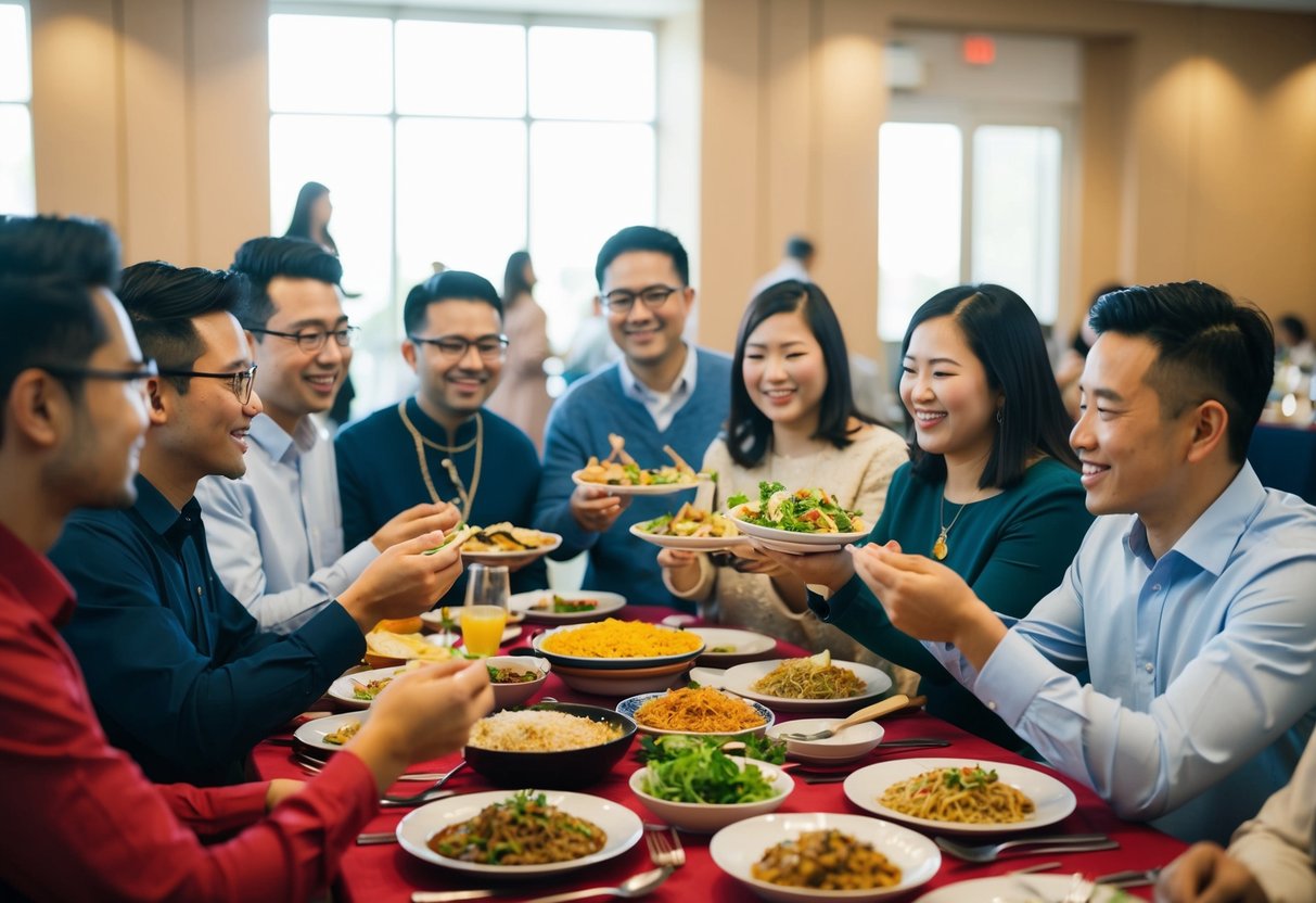 A diverse group sharing traditional dishes and music at a cultural exchange event