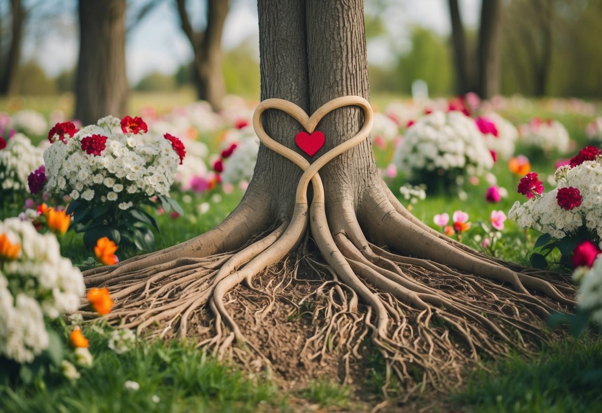 A tree with roots intertwined with hearts, surrounded by blooming flowers and symbols of heritage