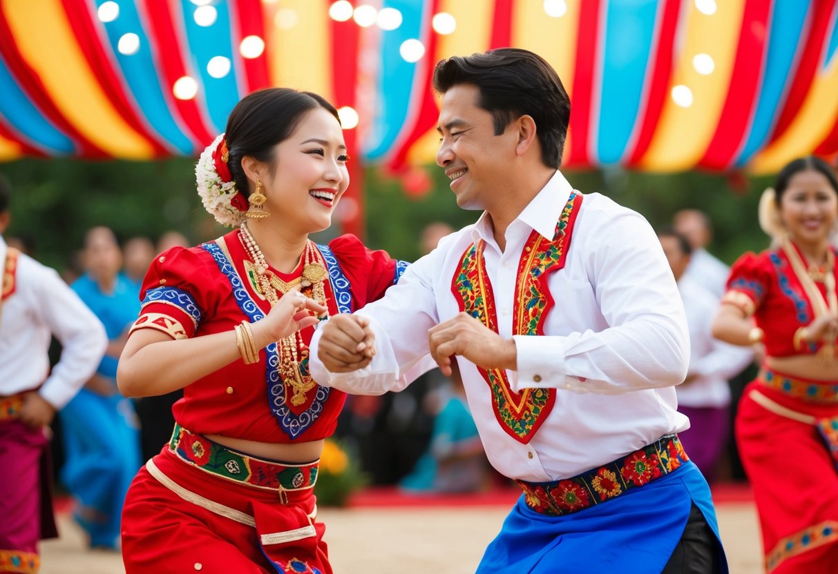 A couple dances joyfully to traditional music in a vibrant cultural celebration