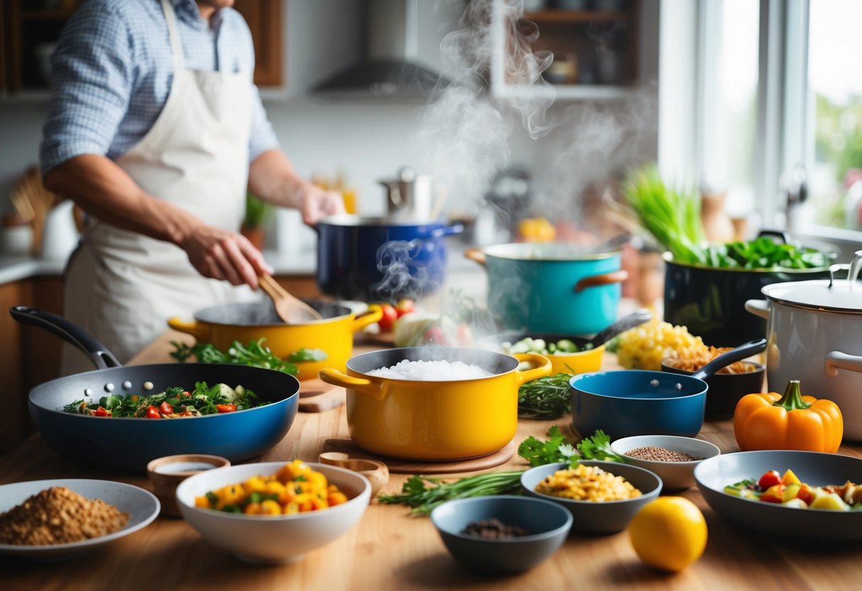 A table filled with colorful ingredients, pots, and pans, as steam rises from a simmering pot, while a family recipe is being recreated in 12 different ways