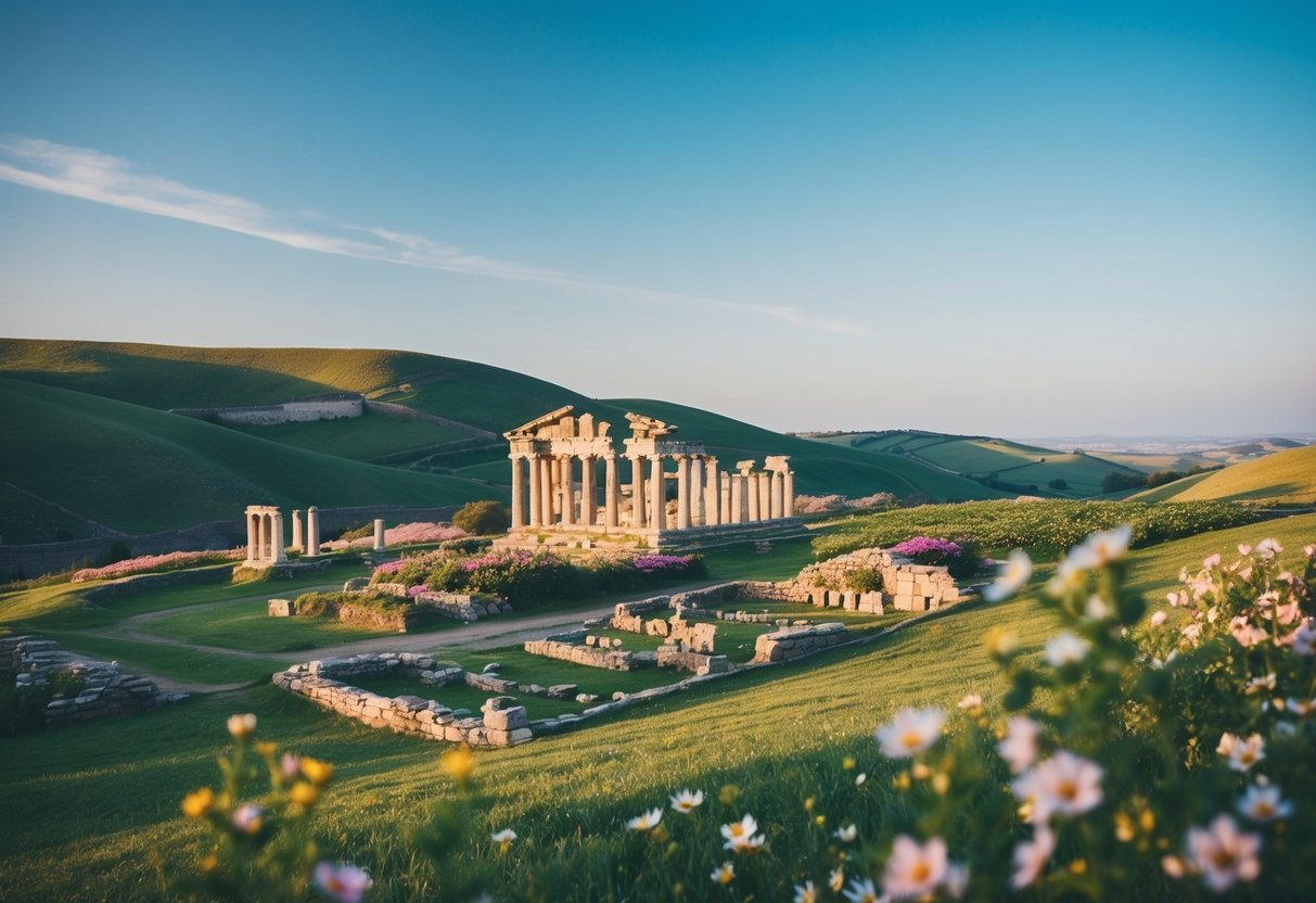 A serene landscape with ancient ruins and blooming flowers, surrounded by rolling hills and a clear blue sky