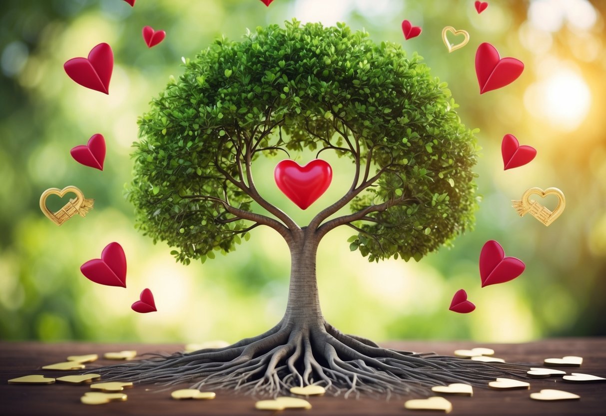 A family tree with heart-shaped leaves growing from the roots, surrounded by symbols of love and connection