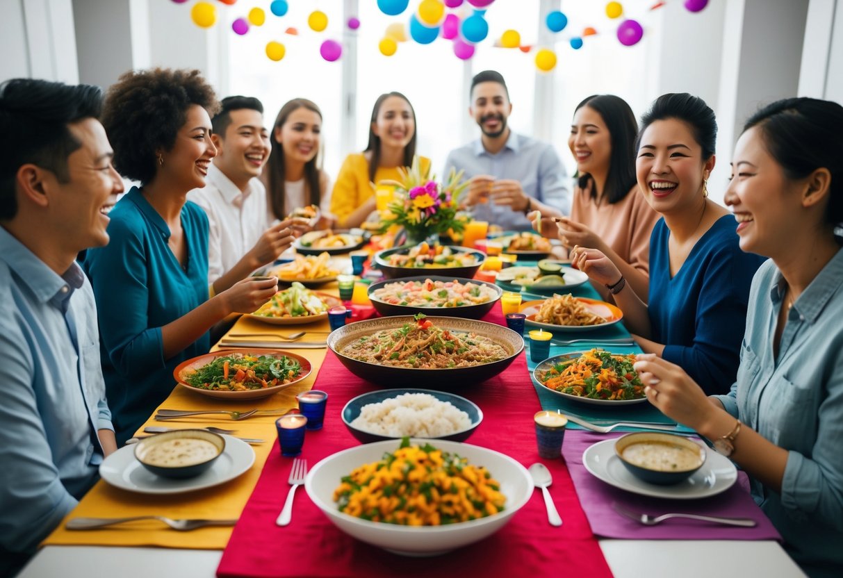 A table adorned with colorful decorations and traditional food from various cultures, surrounded by people laughing and enjoying each other's company