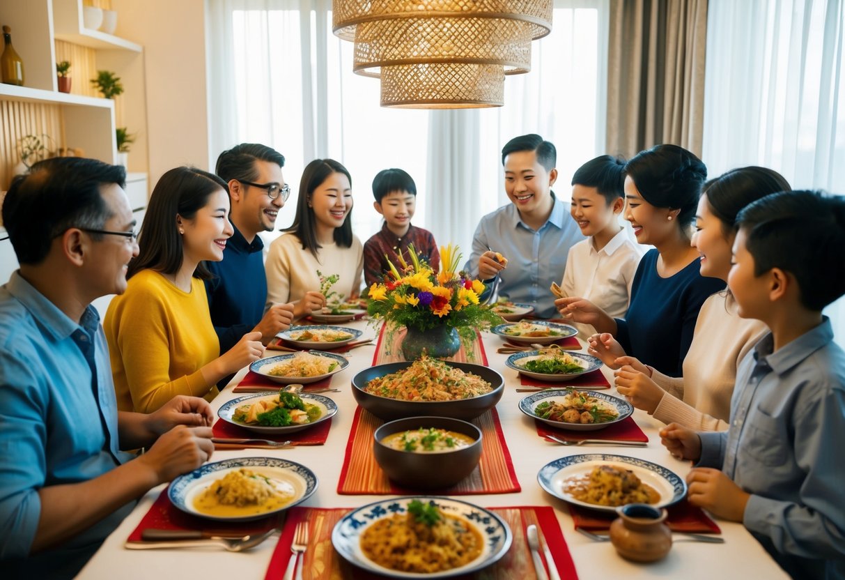 A family gathering around a table set with traditional dishes and decorations, celebrating their cultural heritage through food and conversation