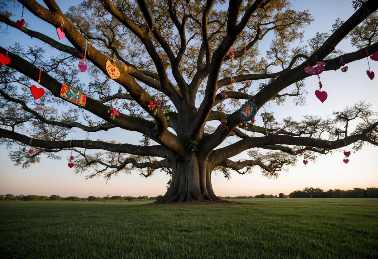 A sprawling tree with branches reaching out, each adorned with symbols of love and heritage - hearts, flowers, and traditional cultural motifs