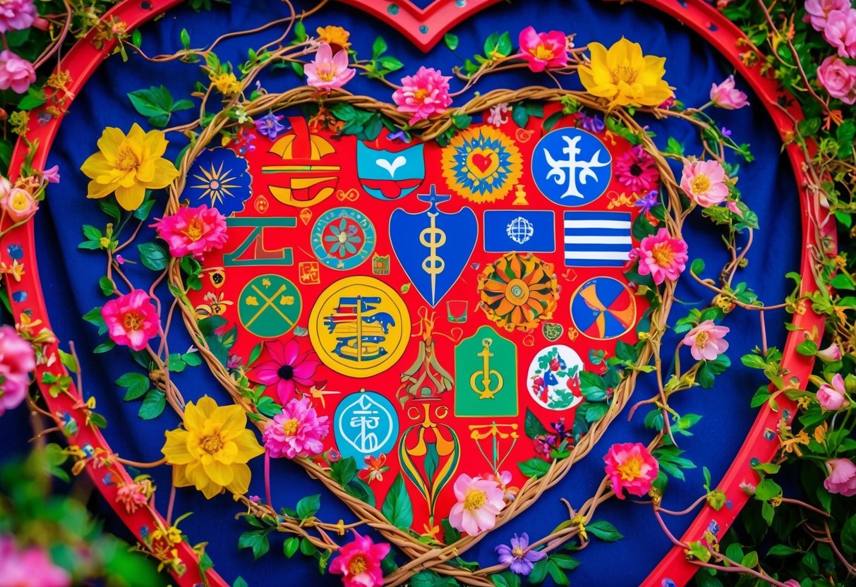 A vibrant tapestry of diverse cultural symbols intertwining with blooming flowers and intertwining vines, all surrounded by a heart-shaped border