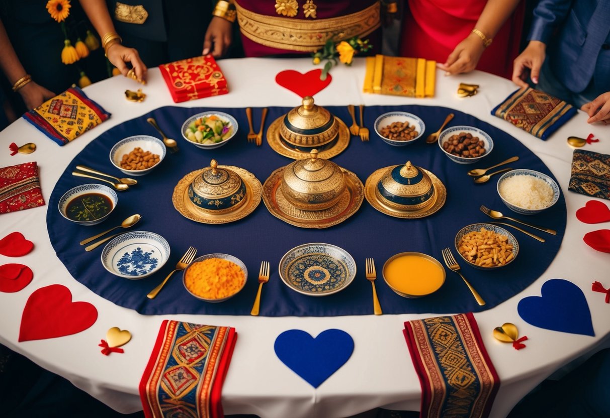 A table set with traditional cultural items from 12 different backgrounds, surrounded by symbols of love and unity