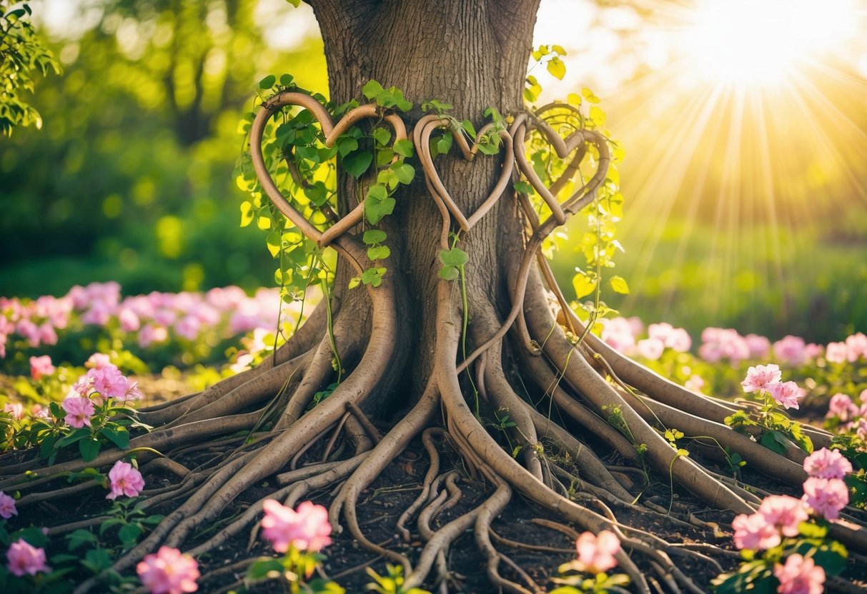 A tree with roots entwined with heart-shaped vines, surrounded by blooming flowers and surrounded by a radiant glow