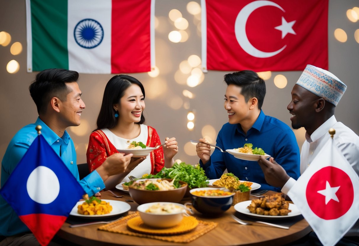 A couple from different cultures sharing a meal, surrounded by symbols of their respective backgrounds - flags, traditional decor, and global cuisine