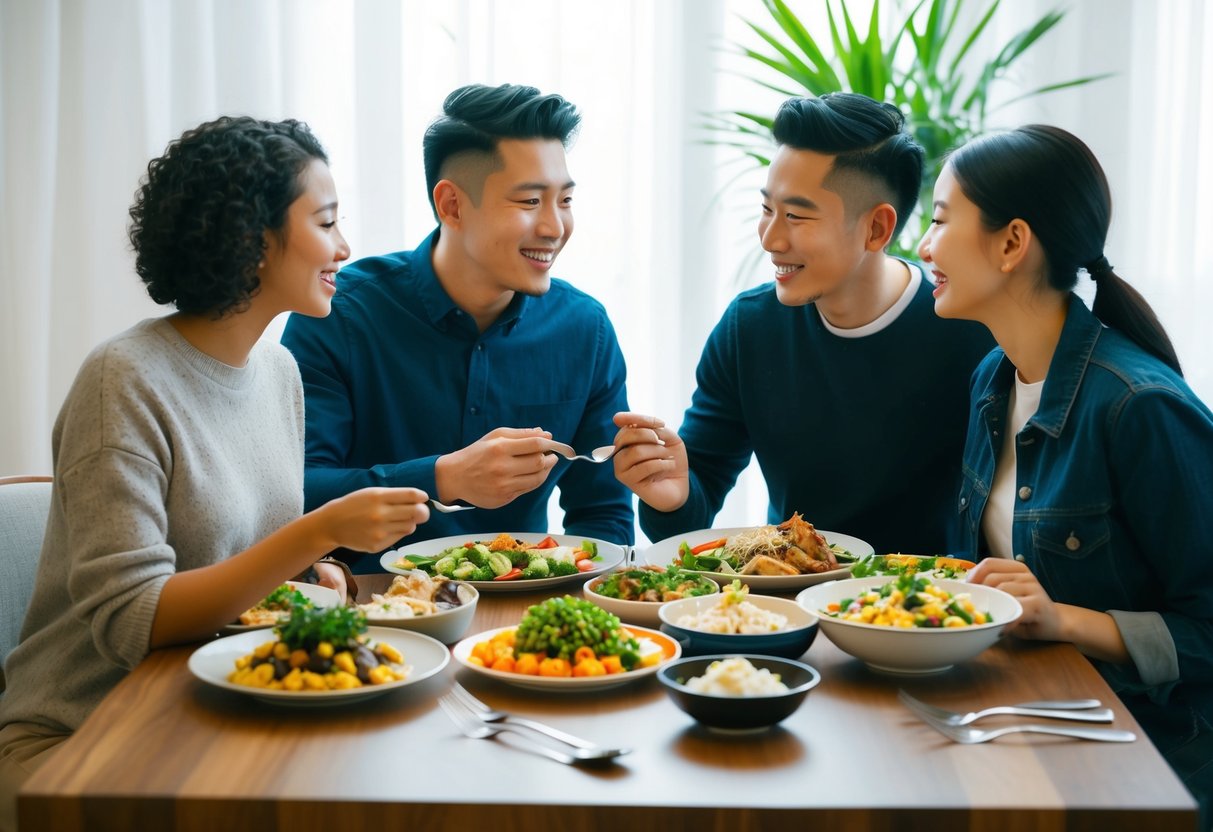 A couple sharing a meal with different cultural dishes on the table, surrounded by symbols of their respective cultures