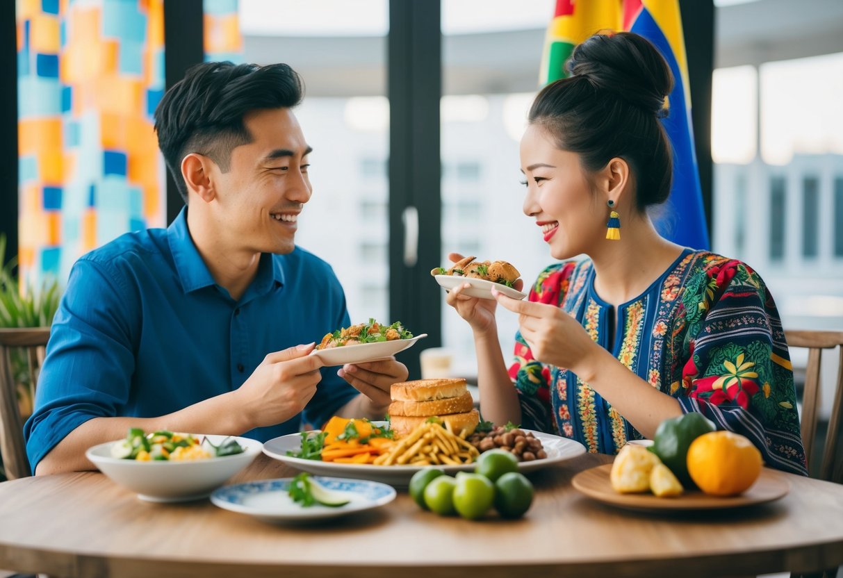 A couple from different cultural backgrounds sharing a meal, surrounded by symbols of their respective cultures