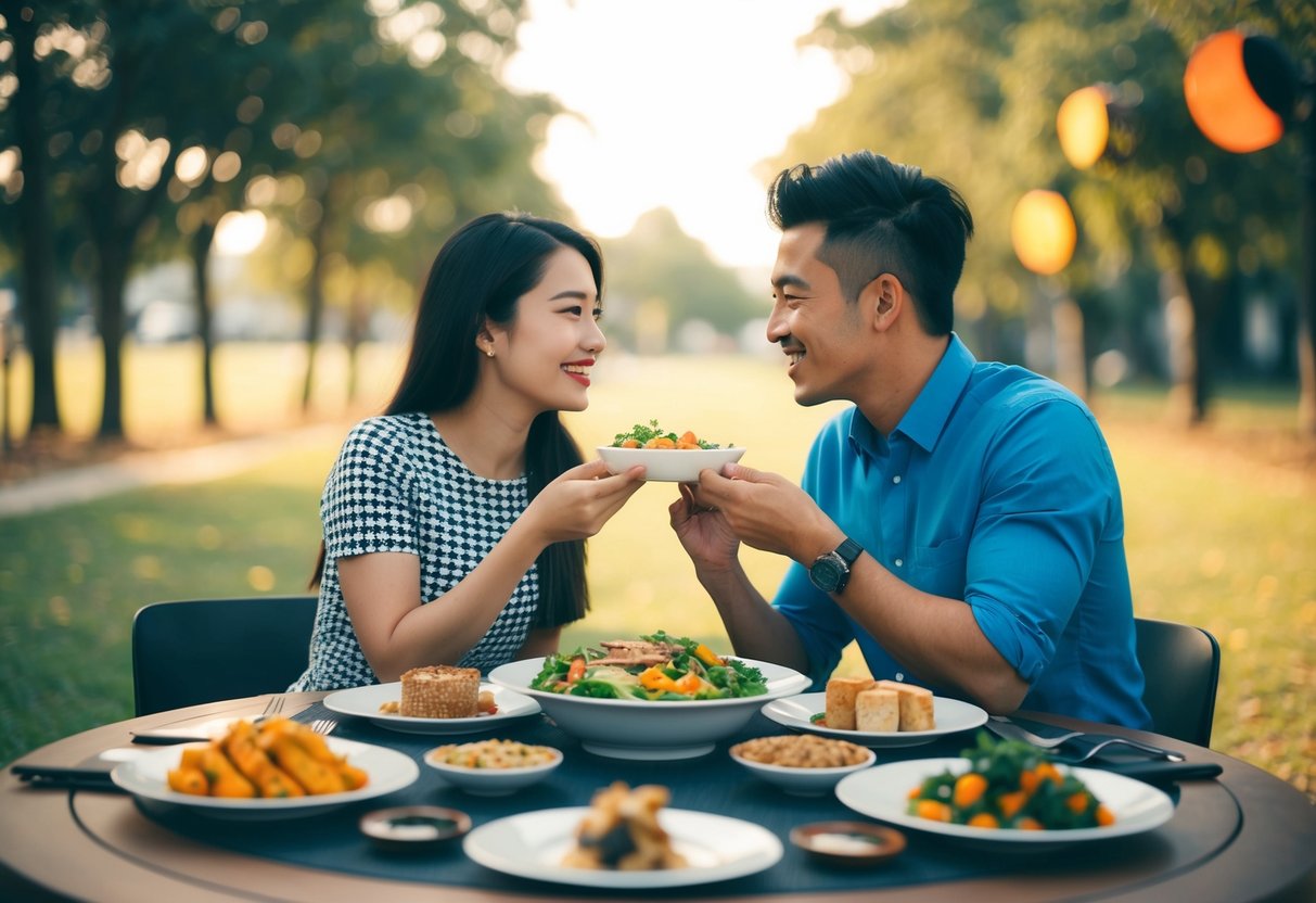 A couple from different cultures sharing a meal, surrounded by symbols of their respective backgrounds