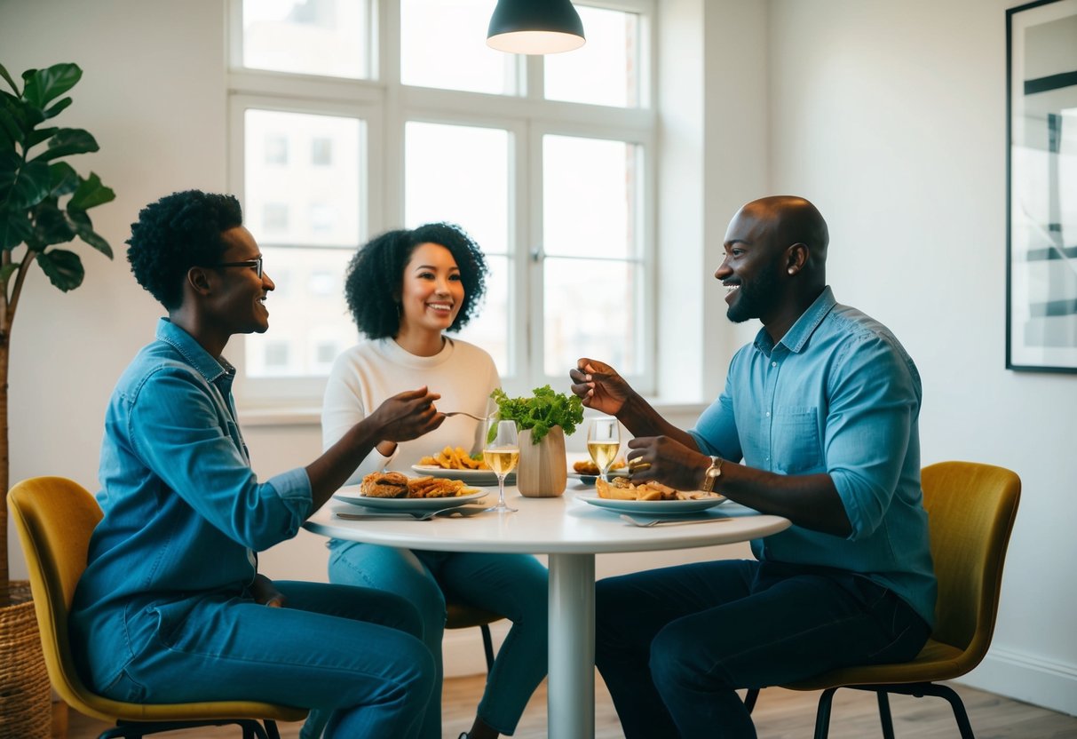 A diverse couple sitting at a table, sharing a meal and engaging in open, respectful conversation. Their body language conveys mutual understanding and acceptance