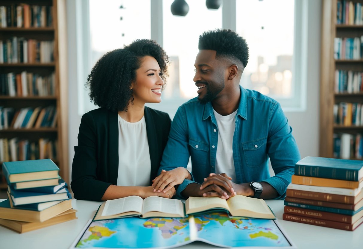 A diverse couple sits together, surrounded by books, maps, and online resources, as they navigate the challenges of intercultural dating