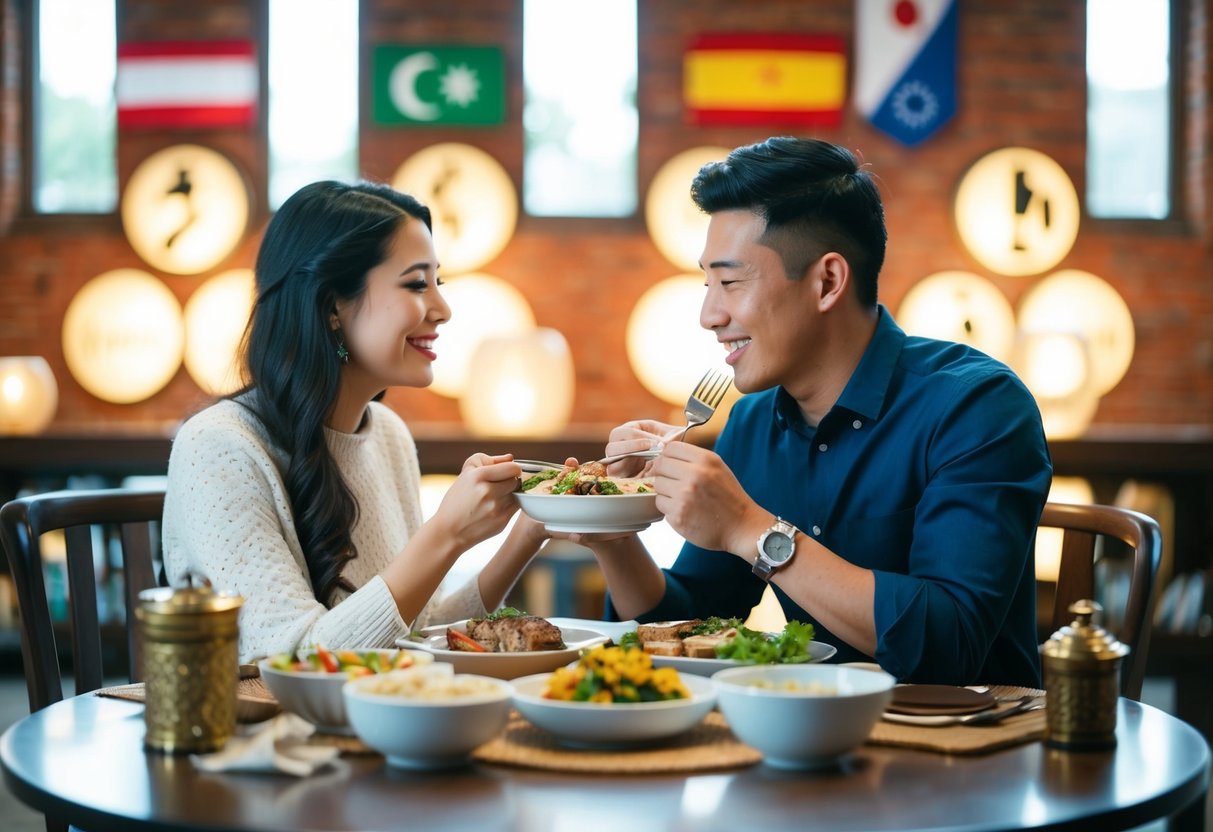 A couple from different cultures sharing a meal, surrounded by symbols of their respective backgrounds