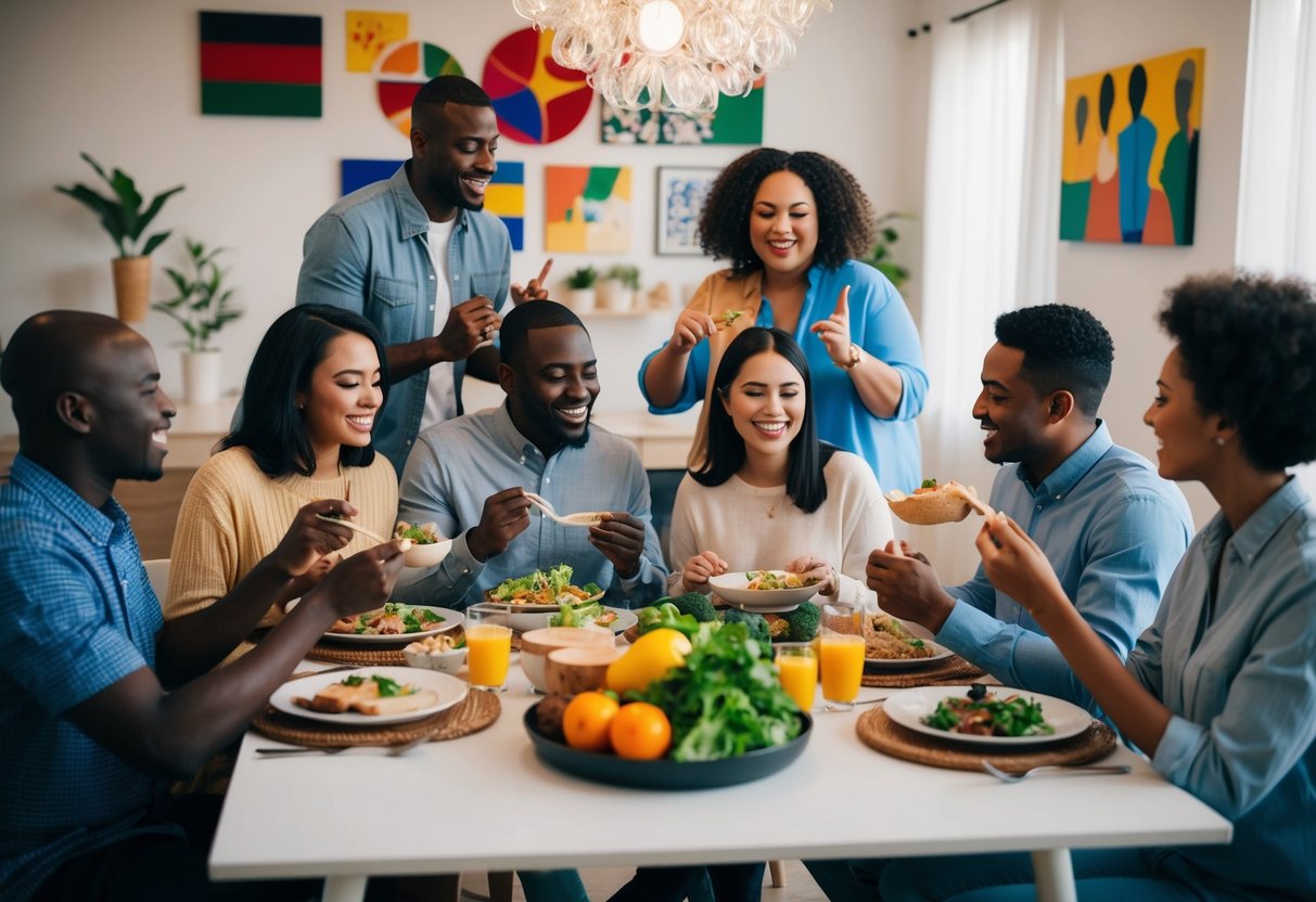 A diverse group of people engaging in various activities, such as sharing meals, communicating, and expressing affection, while surrounded by symbols of different cultures