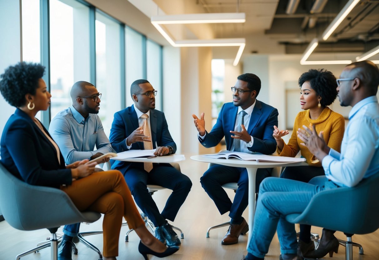 A diverse group of people engage in animated discussion, expressing conflicting cultural values in a modern setting